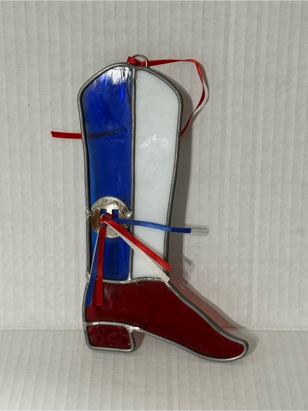Stained Glass Cowboy Boot metal accent has tarnished  - Red, White & Blue